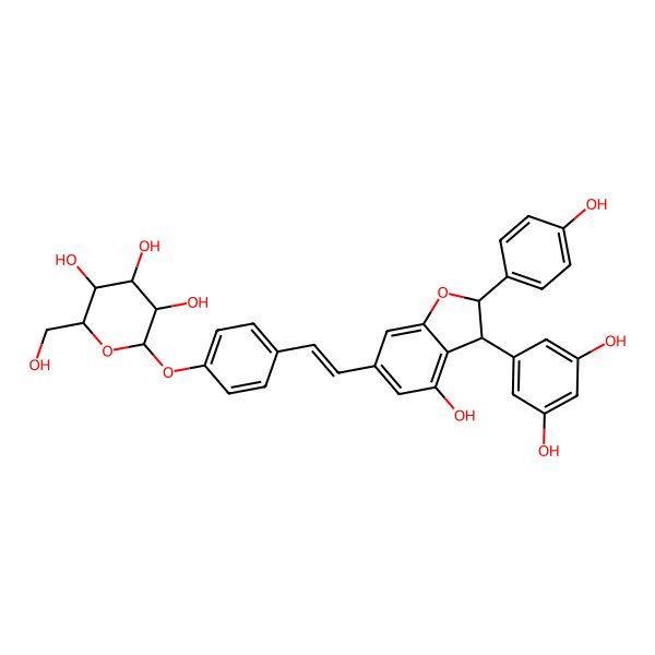 2D Structure of 2-[4-[2-[3-(3,5-Dihydroxyphenyl)-4-hydroxy-2-(4-hydroxyphenyl)-2,3-dihydro-1-benzofuran-6-yl]ethenyl]phenoxy]-6-(hydroxymethyl)oxane-3,4,5-triol