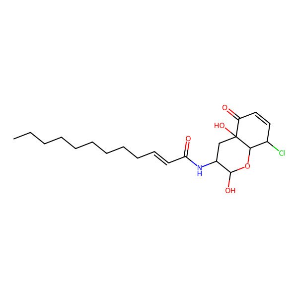 2D Structure of N-[(2R,3S,4aS,8R,8aR)-8-chloro-2,4a-dihydroxy-5-oxo-3,4,8,8a-tetrahydro-2H-chromen-3-yl]dodec-2-enamide