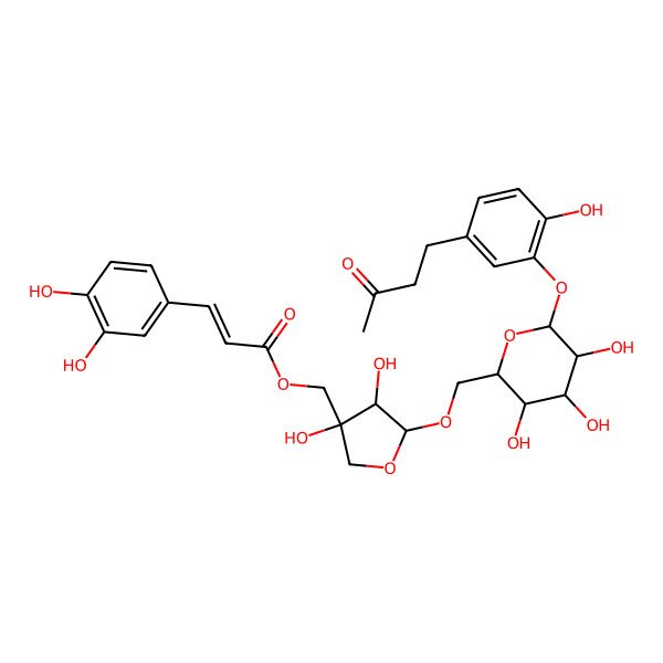 2D Structure of [(3S,4R,5R)-3,4-dihydroxy-5-[[(2R,3S,4S,5R,6S)-3,4,5-trihydroxy-6-[2-hydroxy-5-(3-oxobutyl)phenoxy]oxan-2-yl]methoxy]oxolan-3-yl]methyl (E)-3-(3,4-dihydroxyphenyl)prop-2-enoate