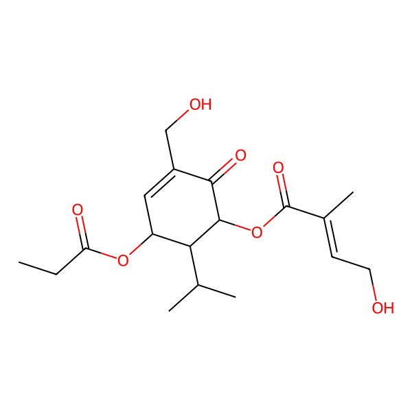 2D Structure of [3-(Hydroxymethyl)-2-oxo-5-propanoyloxy-6-propan-2-ylcyclohex-3-en-1-yl] 4-hydroxy-2-methylbut-2-enoate
