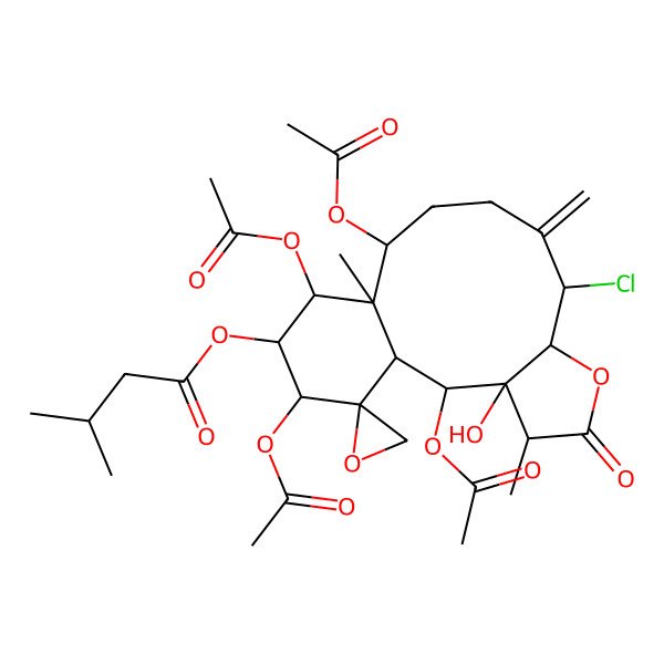 2D Structure of (2,12,14,16-Tetraacetyloxy-8-chloro-3-hydroxy-4,13-dimethyl-9-methylidene-5-oxospiro[6-oxatricyclo[11.4.0.03,7]heptadecane-17,2'-oxirane]-15-yl) 3-methylbutanoate