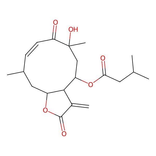 2D Structure of [(3aS,4R,6R,8Z,10R,11aR)-6-hydroxy-6,10-dimethyl-3-methylidene-2,7-dioxo-3a,4,5,10,11,11a-hexahydrocyclodeca[b]furan-4-yl] 3-methylbutanoate