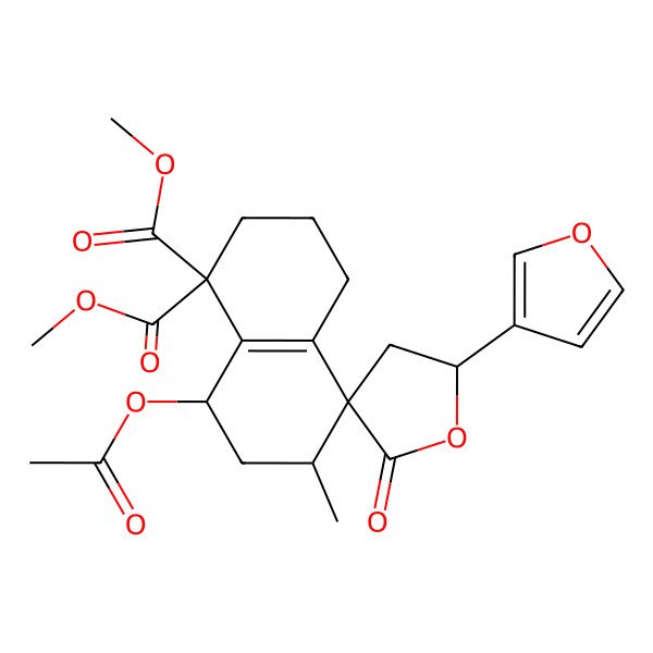 2D Structure of Dimethyl 8-acetyloxy-5'-(furan-3-yl)-6-methyl-2'-oxospiro[2,3,4,6,7,8-hexahydronaphthalene-5,3'-oxolane]-1,1-dicarboxylate