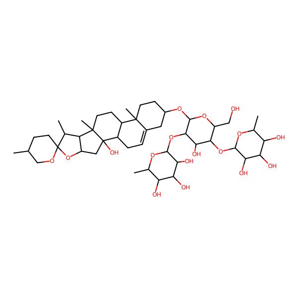 2D Structure of (2S,3R,4R,5R,6S)-2-[(2R,3S,4S,5R,6R)-4-hydroxy-2-(hydroxymethyl)-6-[(1R,2R,4S,5'S,6R,7S,8R,9R,12S,13R,16S)-2-hydroxy-5',7,9,13-tetramethylspiro[5-oxapentacyclo[10.8.0.02,9.04,8.013,18]icos-18-ene-6,2'-oxane]-16-yl]oxy-5-[(2S,3R,4R,5R,6S)-3,4,5-trihydroxy-6-methyloxan-2-yl]oxyoxan-3-yl]oxy-6-methyloxane-3,4,5-triol