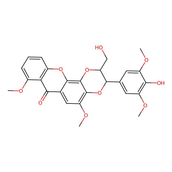 2D Structure of 3-(4-Hydroxy-3,5-dimethoxyphenyl)-2-(hydroxymethyl)-5,8-dimethoxy-2,3-dihydro-[1,4]dioxino[2,3-c]xanthen-7-one