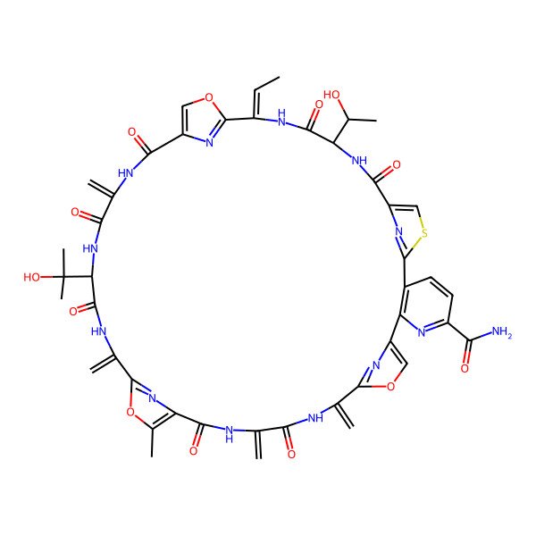 2D Structure of 17-Ethylidene-14-(1-hydroxyethyl)-27-(2-hydroxypropan-2-yl)-33-methyl-24,30,37,40-tetramethylidene-12,15,22,25,28,35,38-heptaoxo-19,32,42-trioxa-9-thia-3,13,16,23,26,29,36,39,44,45,46,47-dodecazahexacyclo[39.2.1.18,11.118,21.131,34.02,7]heptatetraconta-1(43),2(7),3,5,8(47),10,18(46),20,31(45),33,41(44)-undecaene-4-carboxamide
