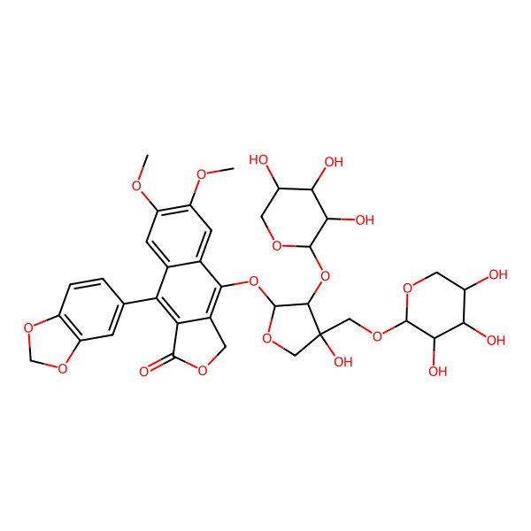 2D Structure of 9-(1,3-benzodioxol-5-yl)-4-[(2S,3R,4R)-4-hydroxy-3-[(2S,3S,4R,5S)-3,4,5-trihydroxyoxan-2-yl]oxy-4-[[(2S,3S,4R,5S)-3,4,5-trihydroxyoxan-2-yl]oxymethyl]oxolan-2-yl]oxy-6,7-dimethoxy-3H-benzo[f][2]benzofuran-1-one