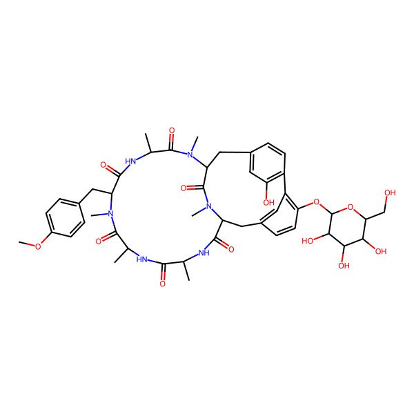 2D Structure of 20-Hydroxy-10-[(4-methoxyphenyl)methyl]-4,7,9,13,15,28-hexamethyl-23-[3,4,5-trihydroxy-6-(hydroxymethyl)oxan-2-yl]oxy-3,6,9,12,15,28-hexazatetracyclo[14.11.2.218,21.122,26]dotriaconta-18,20,22,24,26(30),31-hexaene-2,5,8,11,14,29-hexone