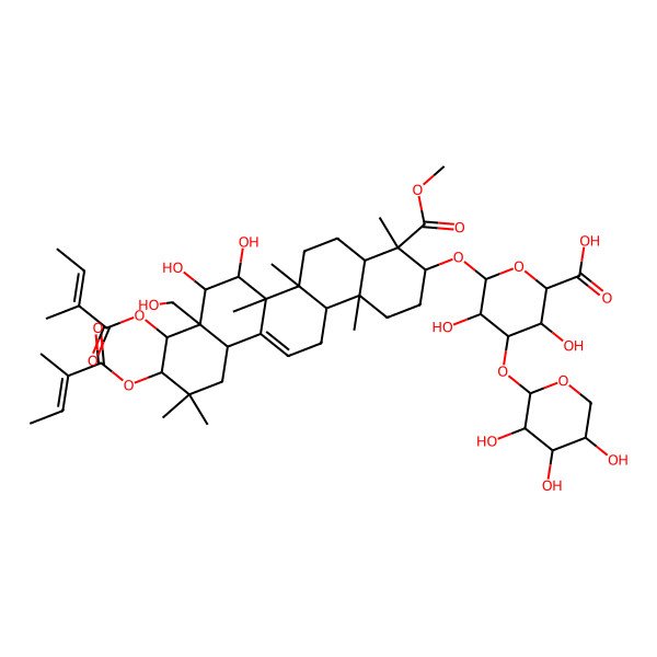 2D Structure of (2S,3S,4S,5R,6R)-6-[[(3S,4S,4aR,6aR,6bS,7R,8S,8aR,9R,10R,12aS,14aR,14bR)-7,8-dihydroxy-8a-(hydroxymethyl)-4-methoxycarbonyl-4,6a,6b,11,11,14b-hexamethyl-10-(2-methylbut-2-enoyloxy)-9-[(Z)-2-methylbut-2-enoyl]oxy-1,2,3,4a,5,6,7,8,9,10,12,12a,14,14a-tetradecahydropicen-3-yl]oxy]-3,5-dihydroxy-4-[(2S,3R,4S,5S)-3,4,5-trihydroxyoxan-2-yl]oxyoxane-2-carboxylic acid