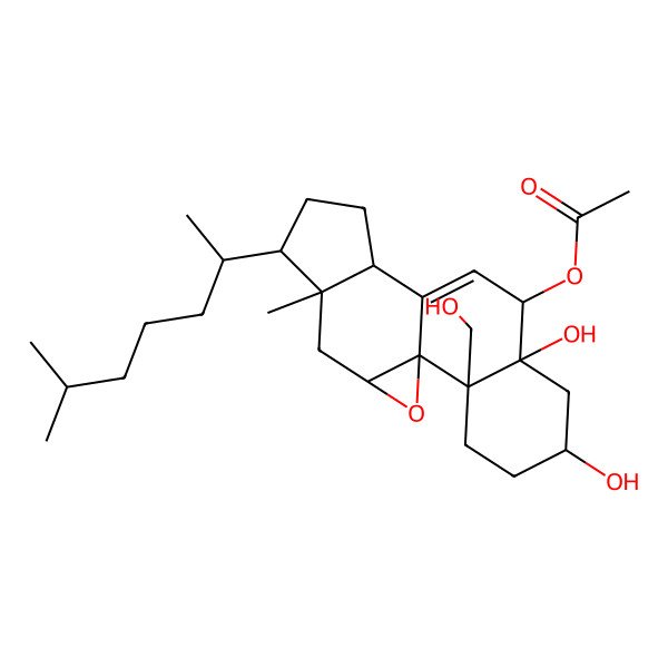 2D Structure of [5,7-Dihydroxy-2-(hydroxymethyl)-15-methyl-14-(6-methylheptan-2-yl)-18-oxapentacyclo[8.8.0.01,17.02,7.011,15]octadec-9-en-8-yl] acetate