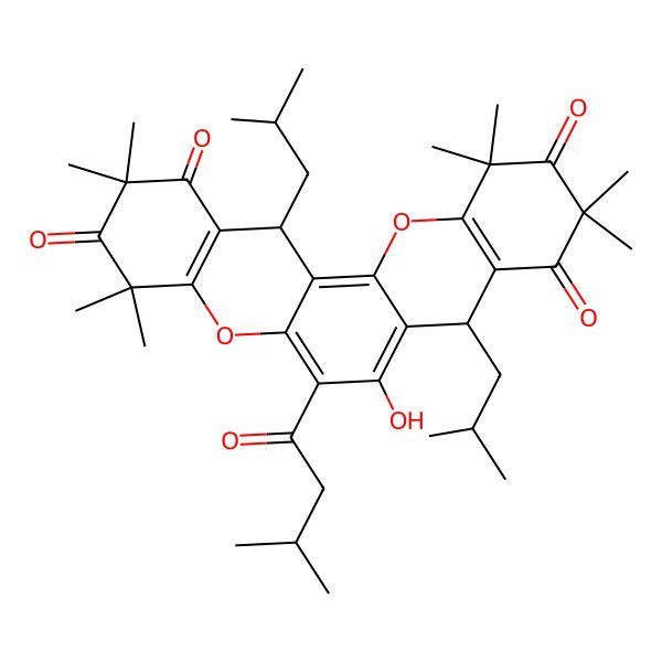 2D Structure of (8R,14R)-7-hydroxy-2,2,4,4,10,10,12,12-octamethyl-6-(3-methylbutanoyl)-8,14-bis(2-methylpropyl)-8,14-dihydrochromeno[2,3-a]xanthene-1,3,9,11-tetrone