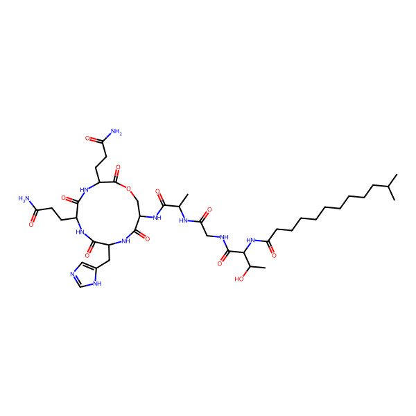 2D Structure of N-[(2S,3R)-1-[[2-[[(2S)-1-[[(3S,6S,9S,12S)-3,6-bis(3-amino-3-oxopropyl)-9-(1H-imidazol-5-ylmethyl)-2,5,8,11-tetraoxo-1-oxa-4,7,10-triazacyclotridec-12-yl]amino]-1-oxopropan-2-yl]amino]-2-oxoethyl]amino]-3-hydroxy-1-oxobutan-2-yl]-11-methyldodecanamide