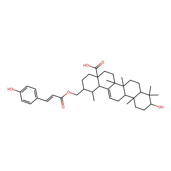2D Structure of (1R,2S,4aS,6aS,6aR,6bR,8aR,10R,12aR,14bR)-10-hydroxy-2-[[(E)-3-(4-hydroxyphenyl)prop-2-enoyl]oxymethyl]-1,6a,6b,9,9,12a-hexamethyl-2,3,4,5,6,6a,7,8,8a,10,11,12,13,14b-tetradecahydro-1H-picene-4a-carboxylic acid