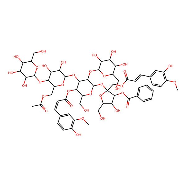 2D Structure of [2-[4-[6-(Acetyloxymethyl)-3,4-dihydroxy-5-[3,4,5-trihydroxy-6-(hydroxymethyl)oxan-2-yl]oxyoxan-2-yl]oxy-5-[3-(4-hydroxy-3-methoxyphenyl)prop-2-enoyloxy]-6-(hydroxymethyl)-3-[3,4,5-trihydroxy-6-(hydroxymethyl)oxan-2-yl]oxyoxan-2-yl]oxy-4-hydroxy-2-[3-(3-hydroxy-4-methoxyphenyl)prop-2-enoyloxymethyl]-5-(hydroxymethyl)oxolan-3-yl] benzoate
