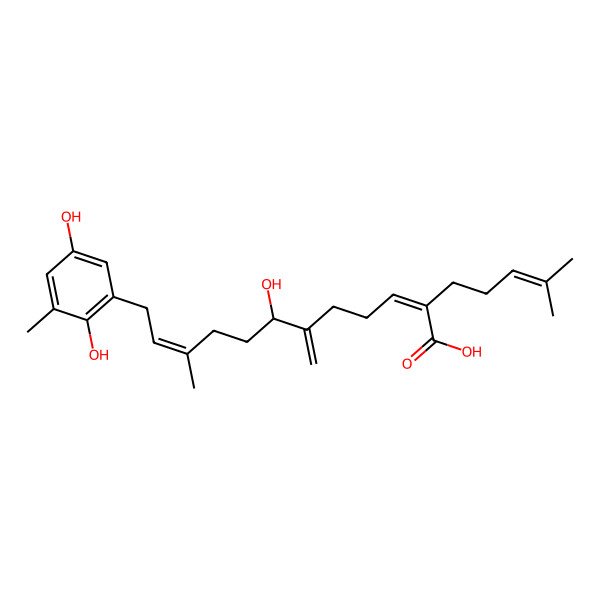 2D Structure of (2E,7R,10E)-12-(2,5-dihydroxy-3-methylphenyl)-7-hydroxy-10-methyl-6-methylidene-2-(4-methylpent-3-enyl)dodeca-2,10-dienoic acid