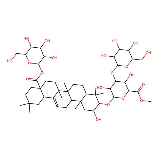 2D Structure of methyl (2S,3S,4S,5R,6R)-6-[[(2S,3R,4aR,6aR,6bS,8aS,12aS,14aR,14bR)-2-hydroxy-4,4,6a,6b,11,11,14b-heptamethyl-8a-[(2S,3R,4S,5S,6R)-3,4,5-trihydroxy-6-(hydroxymethyl)oxan-2-yl]oxycarbonyl-1,2,3,4a,5,6,7,8,9,10,12,12a,14,14a-tetradecahydropicen-3-yl]oxy]-3,5-dihydroxy-4-[(2S,3R,4S,5R,6R)-3,4,5-trihydroxy-6-(hydroxymethyl)oxan-2-yl]oxyoxane-2-carboxylate