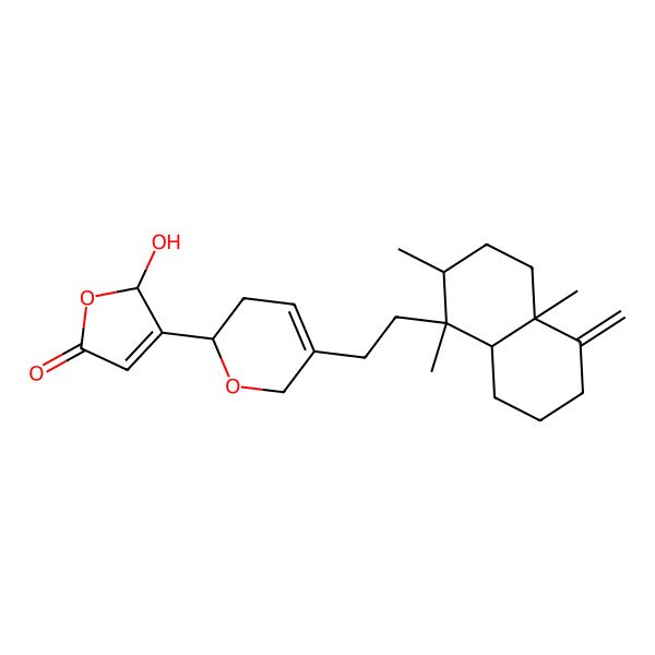 2D Structure of (2R)-3-[(2S)-5-[2-[(1R,2R,4aS,8aS)-1,2,4a-trimethyl-5-methylidene-3,4,6,7,8,8a-hexahydro-2H-naphthalen-1-yl]ethyl]-3,6-dihydro-2H-pyran-2-yl]-2-hydroxy-2H-furan-5-one