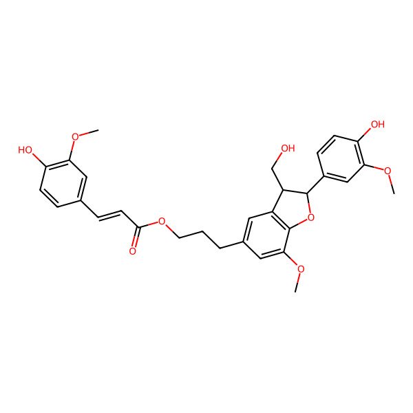 2D Structure of 3-[(2R,3S)-2-(4-hydroxy-3-methoxyphenyl)-3-(hydroxymethyl)-7-methoxy-2,3-dihydro-1-benzofuran-5-yl]propyl (E)-3-(4-hydroxy-3-methoxyphenyl)prop-2-enoate