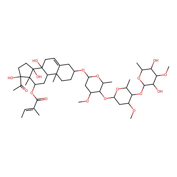 2D Structure of [(3S,8S,9R,10R,12R,13S,14R,17S)-17-acetyl-3-[(2R,4S,5R,6R)-5-[(2S,4S,5R,6R)-5-[(2S,3R,4S,5R,6R)-3,5-dihydroxy-4-methoxy-6-methyloxan-2-yl]oxy-4-methoxy-6-methyloxan-2-yl]oxy-4-methoxy-6-methyloxan-2-yl]oxy-8,14,17-trihydroxy-10,13-dimethyl-1,2,3,4,7,9,11,12,15,16-decahydrocyclopenta[a]phenanthren-12-yl] (E)-2-methylbut-2-enoate
