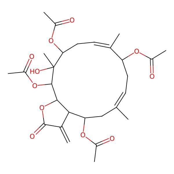 2D Structure of (4,13,15-triacetyloxy-14-hydroxy-6,10,14-trimethyl-3-methylidene-2-oxo-4,5,8,9,12,13,15,15a-octahydro-3aH-cyclotetradeca[b]furan-9-yl) acetate
