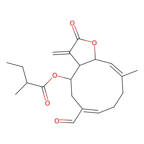 2D Structure of [(3aR,4R,6Z,10E,11aS)-6-formyl-10-methyl-3-methylidene-2-oxo-3a,4,5,8,9,11a-hexahydrocyclodeca[b]furan-4-yl] (2R)-2-methylbutanoate