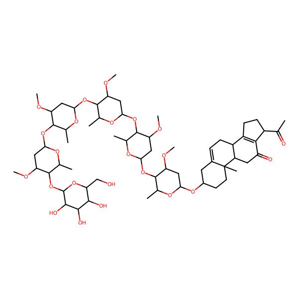 2D Structure of (3S,8R,9S,10R,17S)-17-acetyl-3-[(2R,4R,5R,6R)-4-methoxy-5-[(2S,4R,5R,6R)-4-methoxy-5-[(2S,4S,5R,6R)-4-methoxy-5-[(2S,4S,5R,6R)-4-methoxy-5-[(2S,4R,5S,6R)-4-methoxy-6-methyl-5-[(2S,3R,4S,5S,6R)-3,4,5-trihydroxy-6-(hydroxymethyl)oxan-2-yl]oxyoxan-2-yl]oxy-6-methyloxan-2-yl]oxy-6-methyloxan-2-yl]oxy-6-methyloxan-2-yl]oxy-6-methyloxan-2-yl]oxy-10-methyl-2,3,4,7,8,9,11,15,16,17-decahydro-1H-cyclopenta[a]phenanthren-12-one