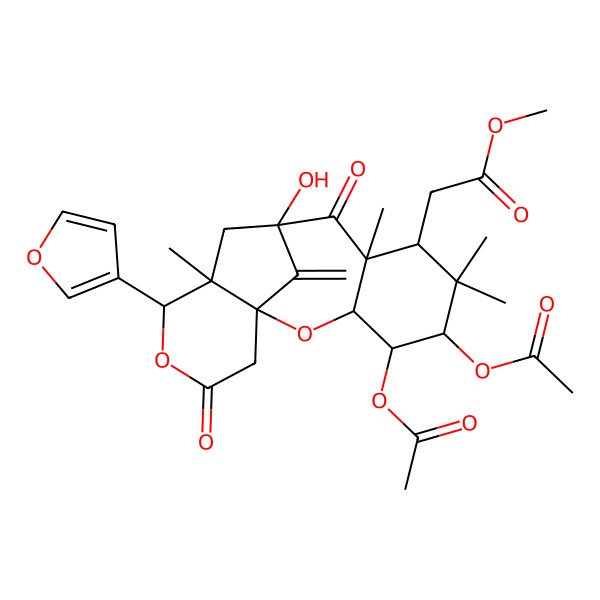 2D Structure of methyl 2-[(1R,3R,4R,5S,7S,8R,10R,12S,13S)-4,5-diacetyloxy-13-(furan-3-yl)-10-hydroxy-6,6,8,12-tetramethyl-17-methylidene-9,15-dioxo-2,14-dioxatetracyclo[8.6.1.01,12.03,8]heptadecan-7-yl]acetate