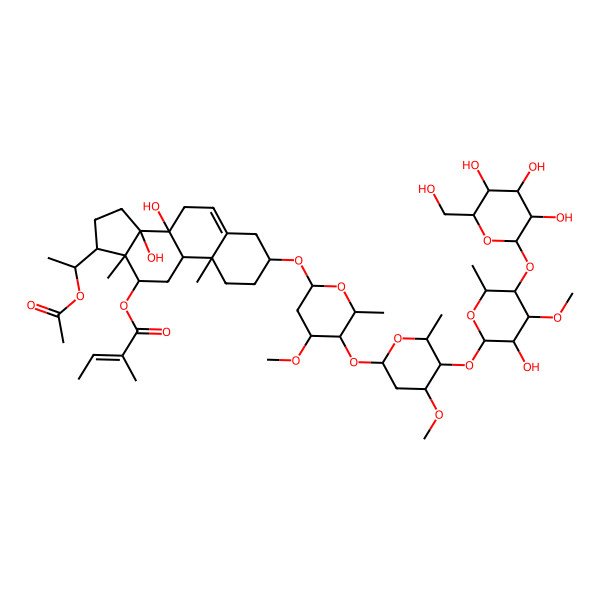 2D Structure of [(3S,8S,9R,10R,12R,13S,14R,17S)-17-[(1R)-1-acetyloxyethyl]-8,14-dihydroxy-3-[(2R,4R,5R)-5-[(2S,4R,5R)-5-[(2S,4R,5R)-3-hydroxy-4-methoxy-6-methyl-5-[(2S,4S,5S)-3,4,5-trihydroxy-6-(hydroxymethyl)oxan-2-yl]oxyoxan-2-yl]oxy-4-methoxy-6-methyloxan-2-yl]oxy-4-methoxy-6-methyloxan-2-yl]oxy-10,13-dimethyl-2,3,4,7,9,11,12,15,16,17-decahydro-1H-cyclopenta[a]phenanthren-12-yl] (E)-2-methylbut-2-enoate