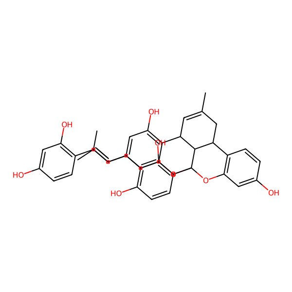 2D Structure of (1S,9R,13R,21S)-1-[2,4-dihydroxy-3-(3-methylbut-2-enyl)phenyl]-17-[(E)-2-(2,4-dihydroxyphenyl)ethenyl]-11-methyl-2,20-dioxapentacyclo[11.7.1.03,8.09,21.014,19]henicosa-3(8),4,6,11,14,16,18-heptaene-5,15-diol