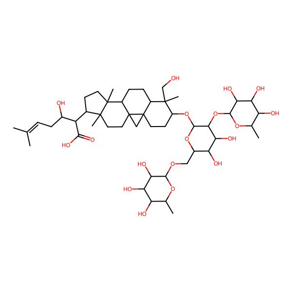 2D Structure of 2-[(1R,3R,6S,7S,8S,11S,12R,15S,16R)-6-[(2R,4S,5S,6S)-4,5-dihydroxy-3-[(2S,3R,4R,5R,6S)-3,4,5-trihydroxy-6-methyloxan-2-yl]oxy-6-[[(2R,4R,5R,6R)-3,4,5-trihydroxy-6-methyloxan-2-yl]oxymethyl]oxan-2-yl]oxy-7-(hydroxymethyl)-7,12,16-trimethyl-15-pentacyclo[9.7.0.01,3.03,8.012,16]octadecanyl]-3-hydroxy-6-methylhept-5-enoic acid