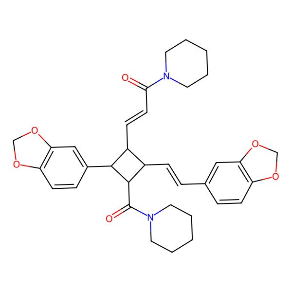2D Structure of (E)-3-[(1S,2R,3R,4S)-2-(1,3-benzodioxol-5-yl)-4-[(E)-2-(1,3-benzodioxol-5-yl)ethenyl]-3-(piperidine-1-carbonyl)cyclobutyl]-1-piperidin-1-ylprop-2-en-1-one