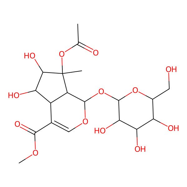 2D Structure of methyl (1S,4aS,5S,6S,7R,7aS)-7-acetyloxy-5,6-dihydroxy-7-methyl-1-[(2S,3R,4S,5S,6R)-3,4,5-trihydroxy-6-(hydroxymethyl)oxan-2-yl]oxy-4a,5,6,7a-tetrahydro-1H-cyclopenta[c]pyran-4-carboxylate