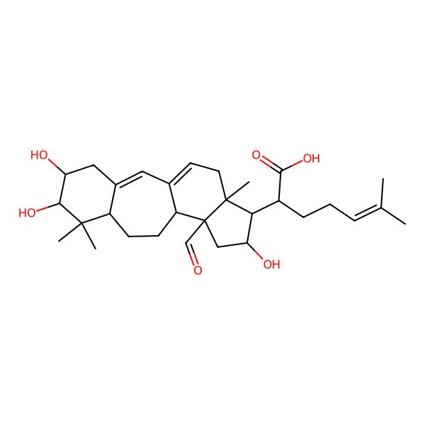 2D Structure of (2R)-2-[(5R,6R,8R,11R,12R,14S,15R,16R)-12-formyl-5,6,14-trihydroxy-7,7,16-trimethyl-15-tetracyclo[9.7.0.03,8.012,16]octadeca-1(18),2-dienyl]-6-methylhept-5-enoic acid