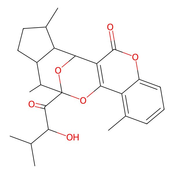 2D Structure of 13-(2-Hydroxy-3-methylbutanoyl)-9,14,18-trimethyl-4,12,20-trioxapentacyclo[11.6.1.02,11.05,10.015,19]icosa-2(11),5,7,9-tetraen-3-one