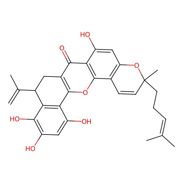 2D Structure of 11,18,19,21-Tetrahydroxy-7-methyl-7-(4-methylpent-3-enyl)-16-prop-1-en-2-yl-2,8-dioxapentacyclo[12.8.0.03,12.04,9.017,22]docosa-1(14),3(12),4(9),5,10,17(22),18,20-octaen-13-one