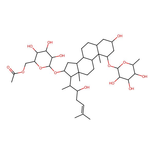 2D Structure of [(2S,3R,4R,5S,6S)-3,4,5-trihydroxy-6-[[(1R,3R,5S,8S,9S,10S,13S,14S,16S,17R)-3-hydroxy-17-[(2S,3S)-3-hydroxy-6-methylhept-5-en-2-yl]-10,13-dimethyl-1-[(2R,3R,4R,5R,6S)-3,4,5-trihydroxy-6-methyloxan-2-yl]oxy-2,3,4,5,6,7,8,9,11,12,14,15,16,17-tetradecahydro-1H-cyclopenta[a]phenanthren-16-yl]oxy]oxan-2-yl]methyl acetate