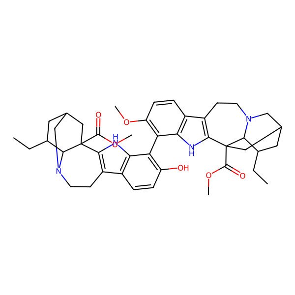 2D Structure of methyl (1S,15R,17S,18S)-17-ethyl-5-[(1S,15R,17S,18S)-17-ethyl-6-methoxy-1-methoxycarbonyl-3,13-diazapentacyclo[13.3.1.02,10.04,9.013,18]nonadeca-2(10),4(9),5,7-tetraen-5-yl]-6-hydroxy-3,13-diazapentacyclo[13.3.1.02,10.04,9.013,18]nonadeca-2(10),4(9),5,7-tetraene-1-carboxylate