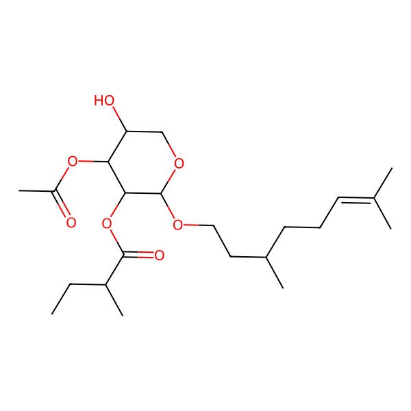 2D Structure of [(2R,3R,4S,5R)-4-acetyloxy-2-[(3R)-3,7-dimethyloct-6-enoxy]-5-hydroxyoxan-3-yl] (2R)-2-methylbutanoate