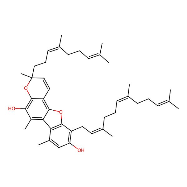 2D Structure of (3R)-3-[(3E)-4,8-dimethylnona-3,7-dienyl]-3,6,7-trimethyl-10-[(6E)-3,7,11-trimethyldodeca-2,6,10-trienyl]-[1]benzofuro[2,3-f]chromene-5,9-diol