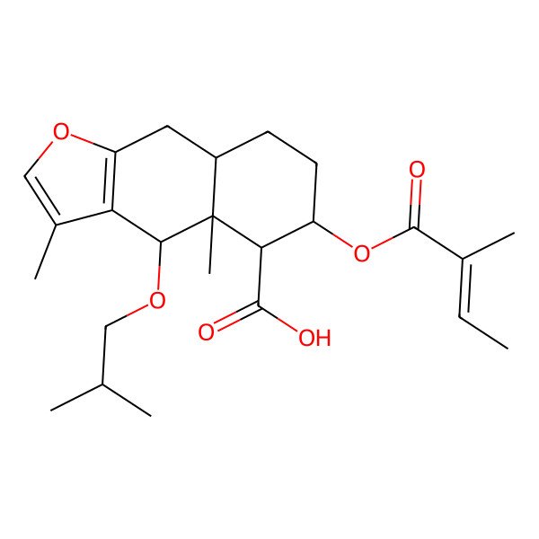 2D Structure of 3,4a-dimethyl-6-(2-methylbut-2-enoyloxy)-4-(2-methylpropoxy)-5,6,7,8,8a,9-hexahydro-4H-benzo[f][1]benzofuran-5-carboxylic acid