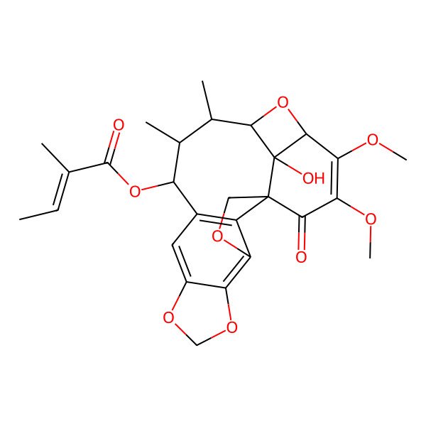 2D Structure of (16-Hydroxy-18,19-dimethoxy-13,14-dimethyl-20-oxo-3,6,8,22-tetraoxahexacyclo[9.9.1.115,17.01,16.04,21.05,9]docosa-4(21),5(9),10,18-tetraen-12-yl) 2-methylbut-2-enoate