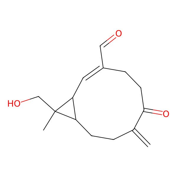 2D Structure of (1S,2Z,10R,11S)-11-(hydroxymethyl)-11-methyl-7-methylidene-6-oxobicyclo[8.1.0]undec-2-ene-3-carbaldehyde