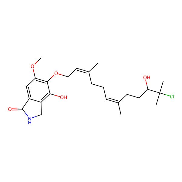 2D Structure of 5-[(10S)-11-chloro-10-hydroxy-3,7,11-trimethyldodeca-2,6-dienoxy]-4-hydroxy-6-methoxy-2,3-dihydroisoindol-1-one
