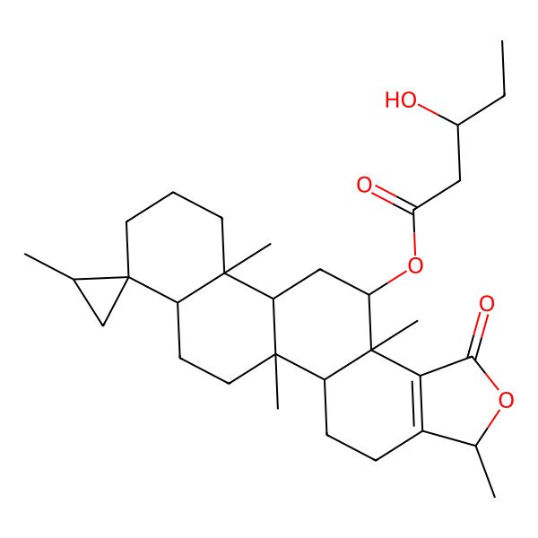 2D Structure of [(2'S,3S,5aS,5bR,7aR,8S,11aR,11bR,13S,13aS)-2',3,5b,11a,13a-pentamethyl-1-oxospiro[4,5,5a,6,7,7a,9,10,11,11b,12,13-dodecahydro-3H-phenanthro[2,1-e][2]benzofuran-8,1'-cyclopropane]-13-yl] 3-hydroxypentanoate