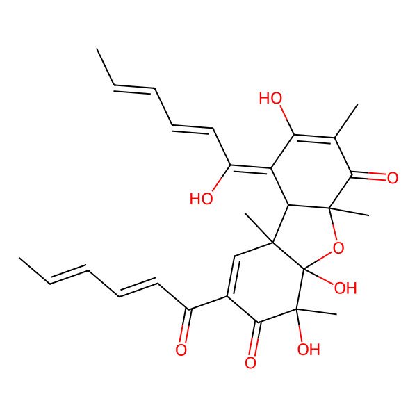 2D Structure of (4S,4aR,5aS,9bS)-2,9-bis[(2E,4E)-hexa-2,4-dienoyl]-4,4a,6,8-tetrahydroxy-4,5a,7,9b-tetramethyl-9aH-dibenzofuran-3-one