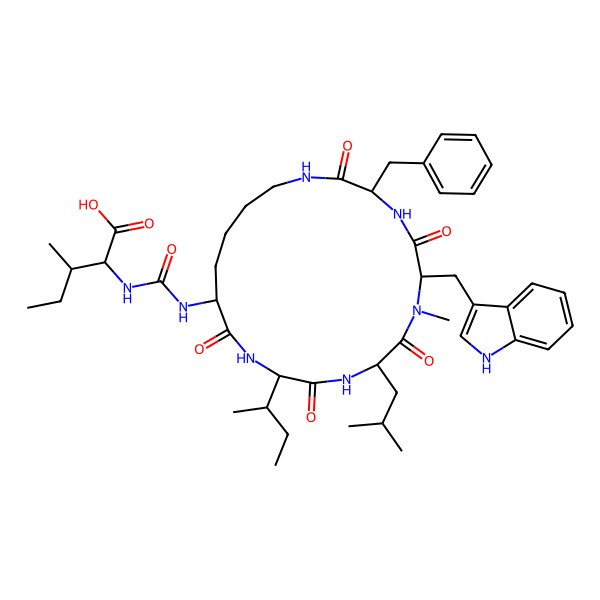 2D Structure of (2R,3S)-2-[[(3S,6S,9S,12S,15S)-3-benzyl-12-[(2S)-butan-2-yl]-6-(1H-indol-3-ylmethyl)-7-methyl-9-(2-methylpropyl)-2,5,8,11,14-pentaoxo-1,4,7,10,13-pentazacyclononadec-15-yl]carbamoylamino]-3-methylpentanoic acid