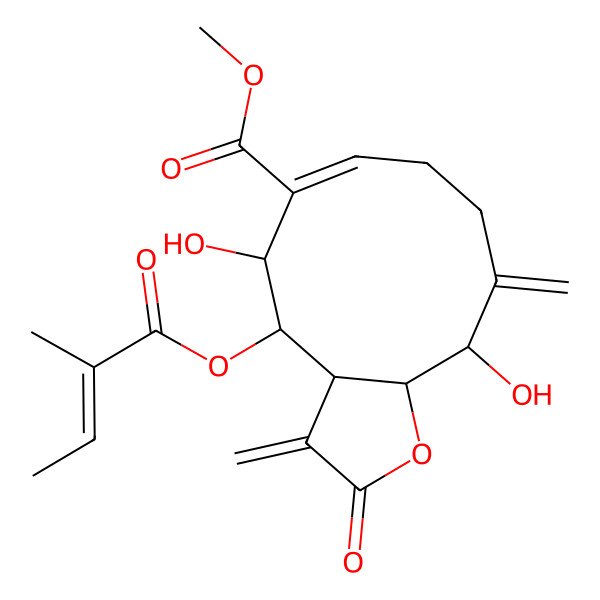 2D Structure of methyl (3aS,4S,5S,6E,11S,11aS)-5,11-dihydroxy-4-[(Z)-2-methylbut-2-enoyl]oxy-3,10-dimethylidene-2-oxo-4,5,8,9,11,11a-hexahydro-3aH-cyclodeca[b]furan-6-carboxylate