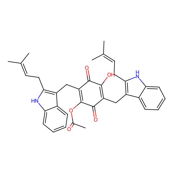 2D Structure of [4-hydroxy-2,5-bis[[2-(3-methylbut-2-enyl)-1H-indol-3-yl]methyl]-3,6-dioxocyclohexa-1,4-dien-1-yl] acetate