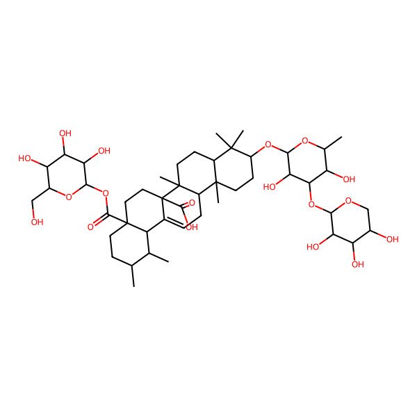 2D Structure of (1S,2R,4aS,6aR,6aR,6bR,8aR,10S,12aR,14bS)-10-[(2R,3R,4R,5S,6S)-3,5-dihydroxy-6-methyl-4-[(2S,3R,4S,5R)-3,4,5-trihydroxyoxan-2-yl]oxyoxan-2-yl]oxy-1,2,6b,9,9,12a-hexamethyl-4a-[(2S,3R,4S,5S,6R)-3,4,5-trihydroxy-6-(hydroxymethyl)oxan-2-yl]oxycarbonyl-2,3,4,5,6,6a,7,8,8a,10,11,12,13,14b-tetradecahydro-1H-picene-6a-carboxylic acid