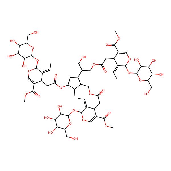 2D Structure of methyl 5-ethylidene-4-[2-[[3-[2-[3-ethylidene-5-methoxycarbonyl-2-[3,4,5-trihydroxy-6-(hydroxymethyl)oxan-2-yl]oxy-4H-pyran-4-yl]acetyl]oxy-5-[1-[2-[3-ethylidene-5-methoxycarbonyl-2-[3,4,5-trihydroxy-6-(hydroxymethyl)oxan-2-yl]oxy-4H-pyran-4-yl]acetyl]oxy-3-hydroxypropan-2-yl]-2-methylcyclopentyl]methoxy]-2-oxoethyl]-6-[3,4,5-trihydroxy-6-(hydroxymethyl)oxan-2-yl]oxy-4H-pyran-3-carboxylate